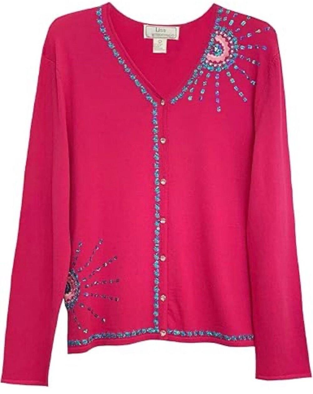 Lisa International Beaded Embroidery Sun Cardigan Sweater In Hot Pink Sz Large